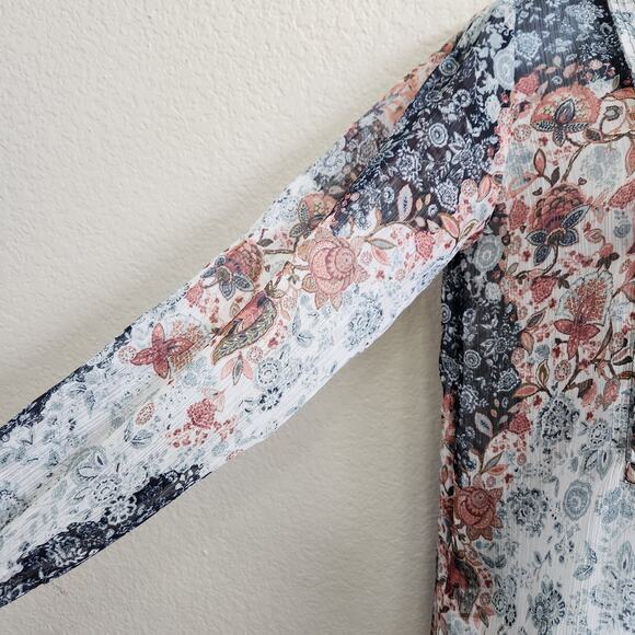 Loft Blue Pink Floral Pleated Bodice Button Up Top XS Lightweight Sheer Soft - Picture 3 of 7